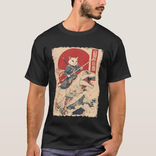 浮世絵風サムライに乗る猫 Tシャツ (正面)
