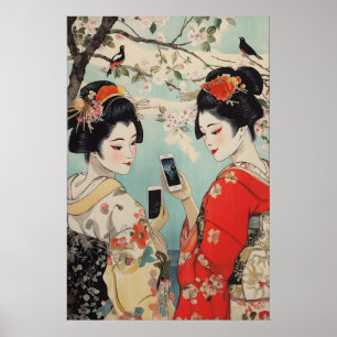 浮世絵風スマートフォンの芸者アートプリント 日本 ポスター