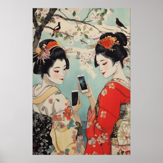 浮世絵風スマートフォンの芸者アートプリント 日本 ポスター (正面)