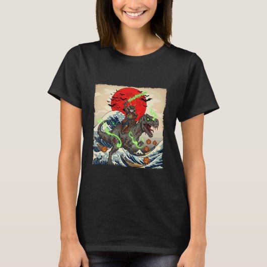 浮世絵風ゾンビ恐竜VS侍猫のハロウィンホール Tシャツ (正面)