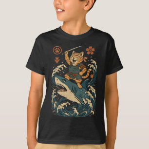 浮世絵風侍猫 波乗りグレートホワイト Tシャツ