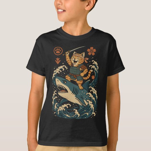 浮世絵風侍猫 波乗りグレートホワイト Tシャツ (正面)