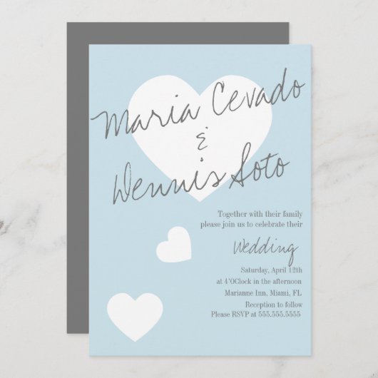 浮動ハートレタリングス結婚クリプトのブルーグレー 招待状 (正面/裏面)