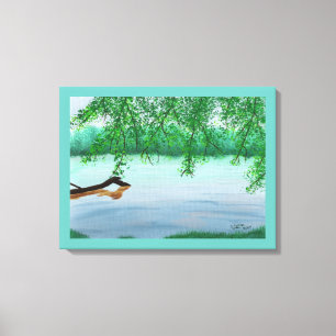 浮遊する丸太のある川の風景 絵画プリント キャンバスプリント