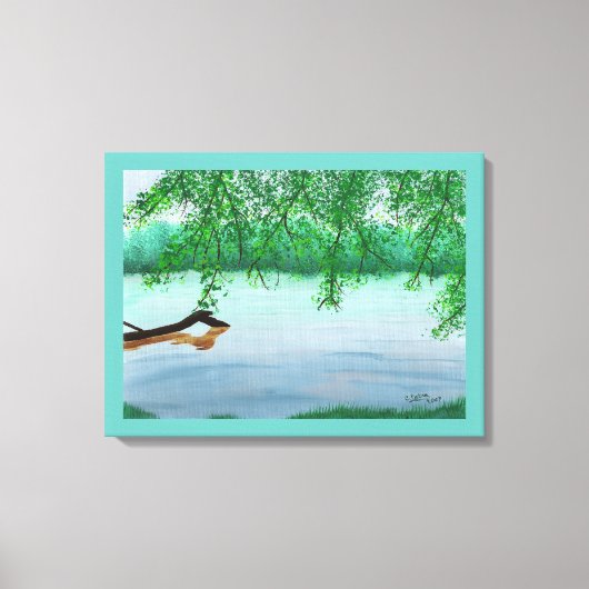 浮遊する丸太のある川の風景 絵画プリント キャンバスプリント (正面)