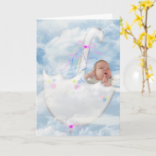 浮遊する傘の中の赤ちゃん カード (黄色い花)