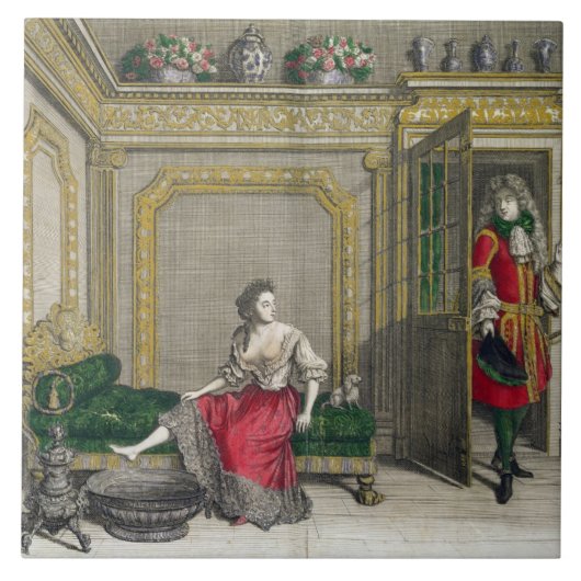 浴室のために衣服をとっている女性出版されたc.1688-90 タイル (正面)