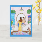 浴室の妻、犬の挨拶状で剃っている人 カード (黄色い花)