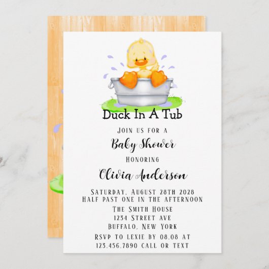 浴槽にダックベイビーシャワー招待状 招待状 (正面/裏面)