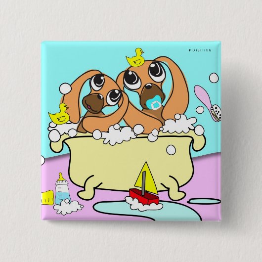 浴槽のダックスフントの子犬ボタン5 缶バッジ (正面)