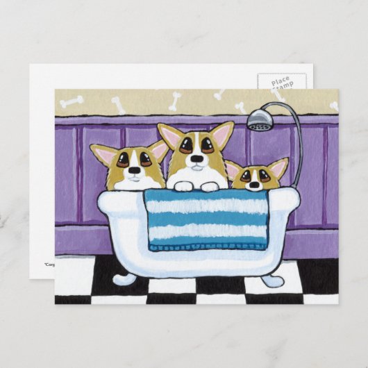 浴槽の中の3つのコーギー ポストカード (正面/裏面)