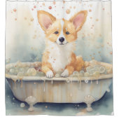 浴槽水の中のコルギの色のドッグアート シャワーカーテン (正面)