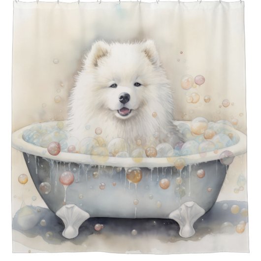 浴槽水の色のドッグアートでサモエイ シャワーカーテン (正面)