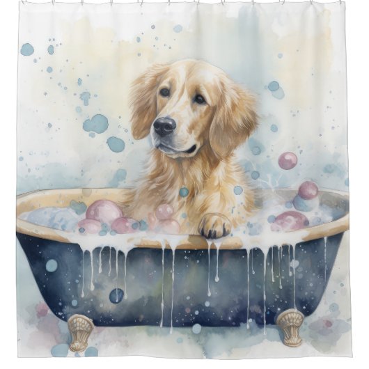 浴槽水彩犬アートのゴールデンレトリバー シャワーカーテン (正面)