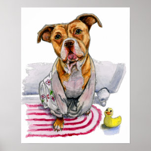 浴衣の水彩画の絵画のピット・ブル犬 ポスター