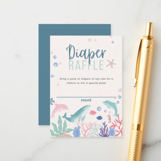 海おむつラッフルベビーシャワーの下の水色 エンクロージャーカード (正面/裏面インサイチュ)