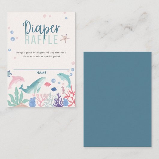 海おむつラッフルベビーシャワーの下の水色 エンクロージャーカード (正面/裏面)