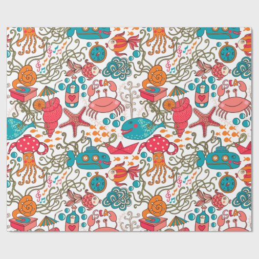 海おもしろいカラフル生イラストレーション模様 ラッピングペーパー (フラット)