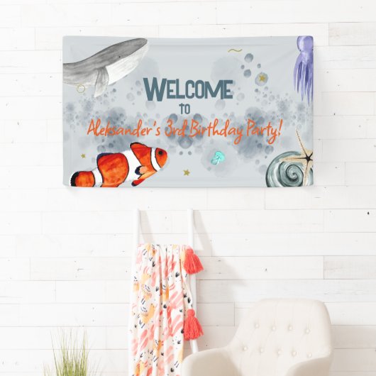 海おもしろい動物誕生日パーティーへようこそ 横断幕 (インサイチュ)