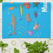 海おもしろい生き物のイラストレーション キッチンタオル (折り畳み)