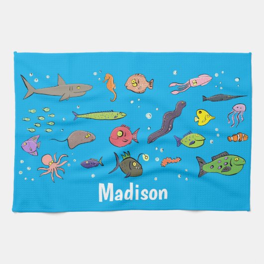海おもしろい生き物のイラストレーション キッチンタオル (横)