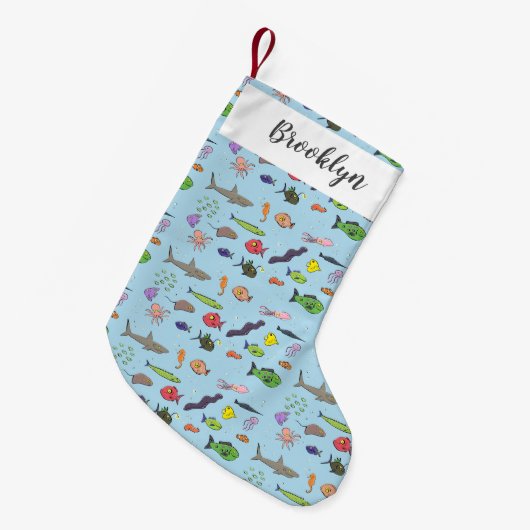 海おもしろい生き物のイラストレーション スモールクリスマスストッキング (正面 (吊り時))
