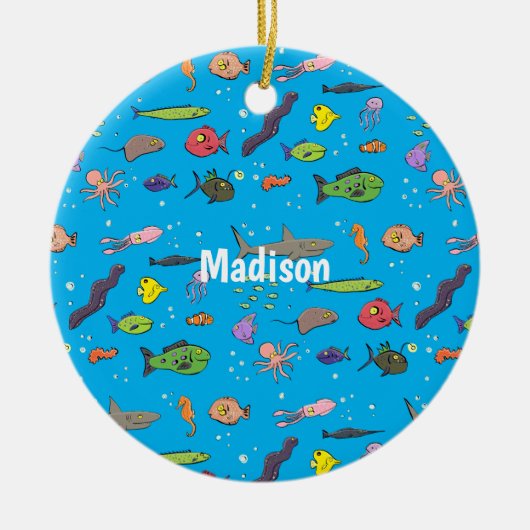 海おもしろい生き物のイラストレーション セラミックオーナメント (正面)