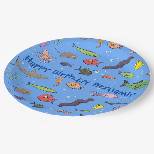 海おもしろい生き物のイラストレーション ペーパープレート (アングル)