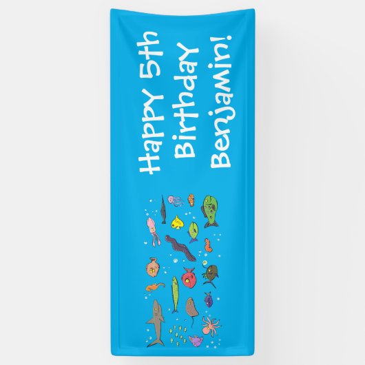 海おもしろい生き物のイラストレーション 横断幕 (縦)