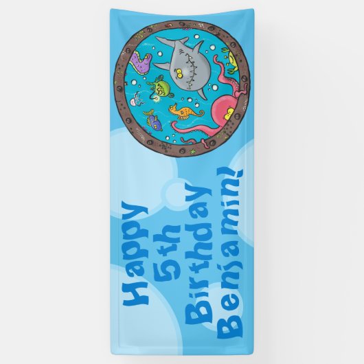 海おもしろい生き物の水中マンガ誕生日 横断幕 (縦)