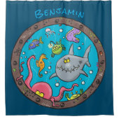 海おもしろい生物の水中アニメスケッチ シャワーカーテン (正面)