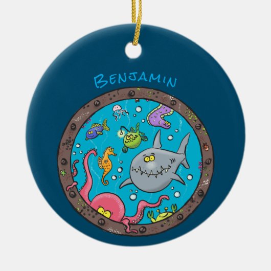 海おもしろい生物の水中アニメスケッチ セラミックオーナメント (正面)