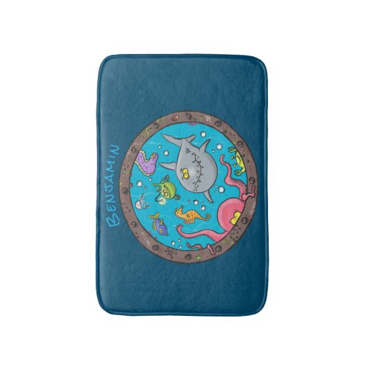 海おもしろい生物の水中アニメスケッチ バスマット (正面縦)