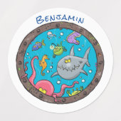 海おもしろい生物の水中アニメスケッチ ラベル (デザイン2)