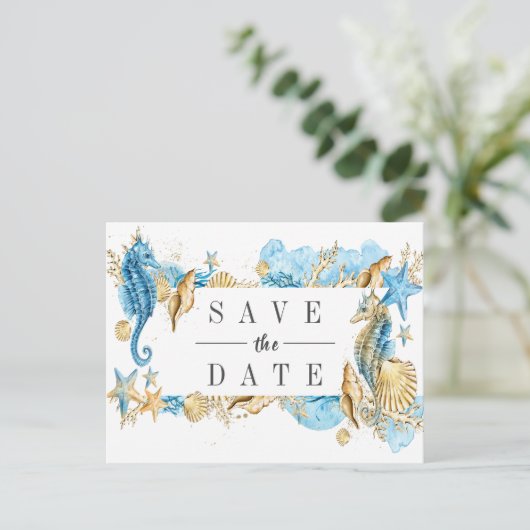 海およびビーチの夏の結婚式は日付を救います 案内ポストカード (スタンド正面)