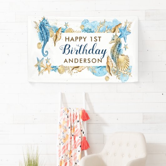 海およびビーチの青い金ゴールドのタツノオトシゴの誕生会 横断幕 (インサイチュ)