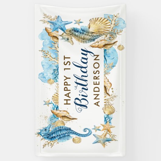 海およびビーチの青い金ゴールドのタツノオトシゴの誕生会 横断幕 (縦)