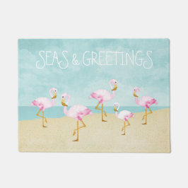 海および挨拶の水彩画のピンクのフラミンゴ ドアマット