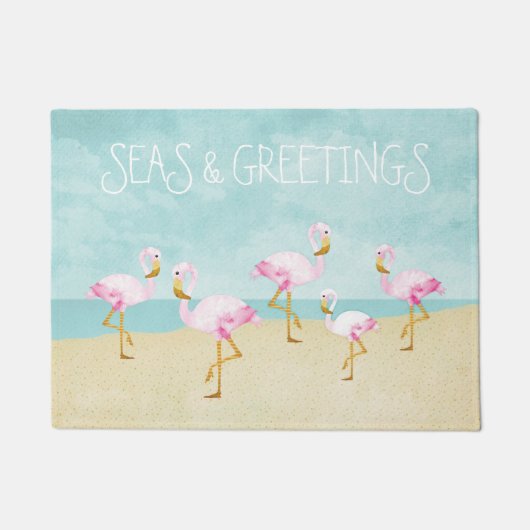 海および挨拶の水彩画のピンクのフラミンゴ ドアマット (正面)