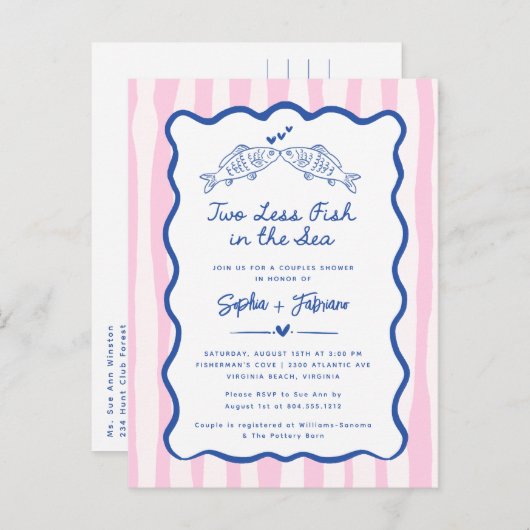 海お洒落で2匹の魚を引いた手描き 案内ポストカード (正面/裏面)