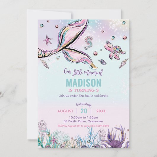 海お洒落の下の人魚の尾誕生日 招待状 (正面)