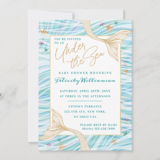 海お洒落の下の人魚の赤ちゃんシャワー招待状 招待状 (正面)