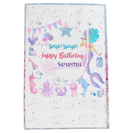 海お洒落の下の人魚ピンクの女の子誕生日 ミディアムペーパーバッグ (正面)