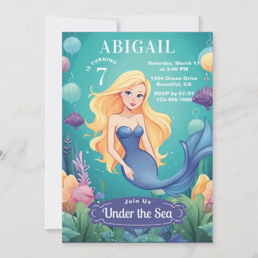海お洒落の下の人魚海誕生日 招待状 (正面)