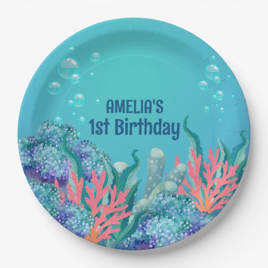 海お洒落の下の人魚誕生日 ペーパープレート (正面)