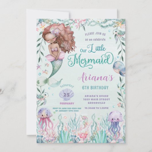 海お洒落の下の茶色の人魚誕生日 招待状 (正面)