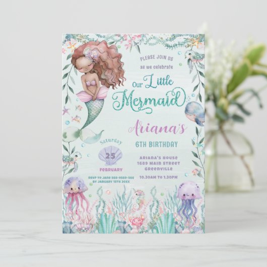 海お洒落の下の茶色の人魚誕生日 招待状 (スタンド正面)