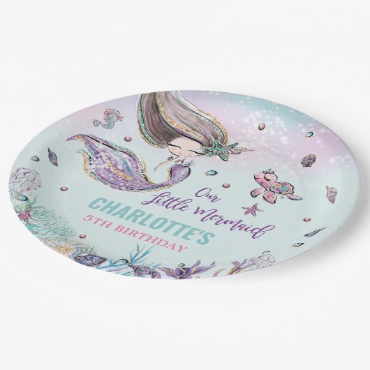 海お洒落の誕生日会の下の人魚 ペーパープレート (アングル)