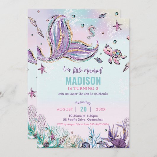 海お洒落の誕生日会の下の人魚 招待状 (正面/裏面)