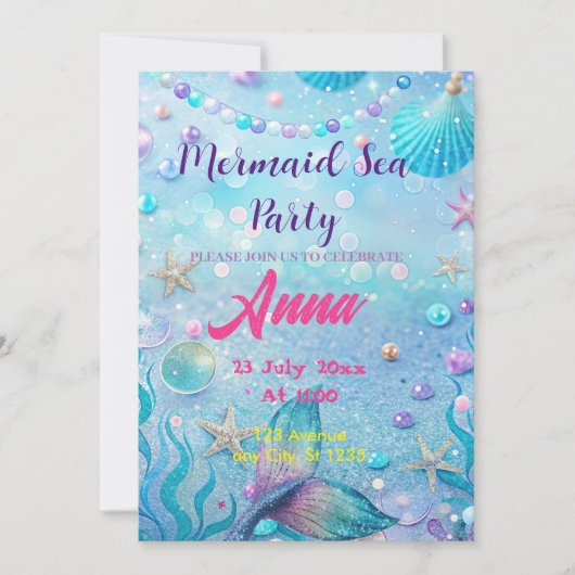 海お洒落の誕生日会の下の人魚 招待状 (正面)